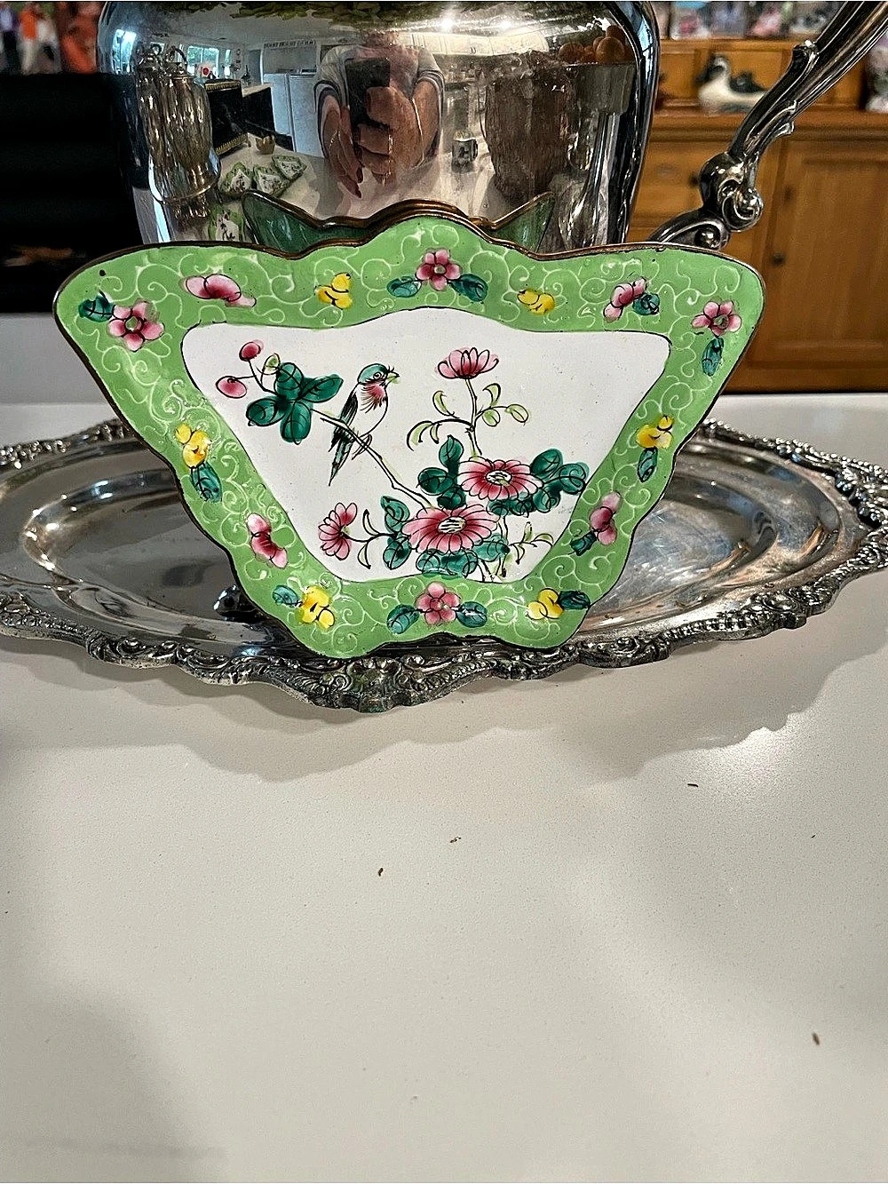 Enamel Bird Butterfly Rose Canton Chinoiserie Tray Trinket Holder Dish Vintage